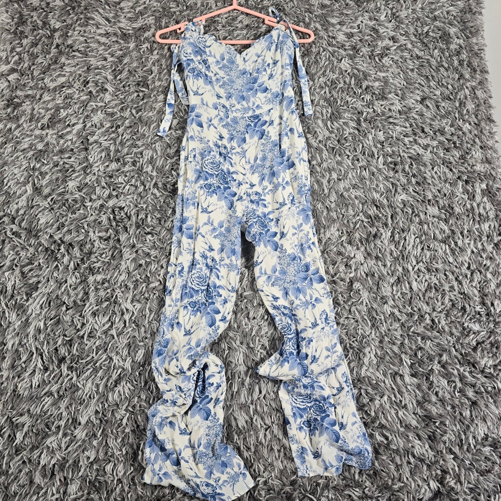 Reformation Blue White Floral Toile Bird Print Wide Leg Jumpsuit Size 2 Smocked